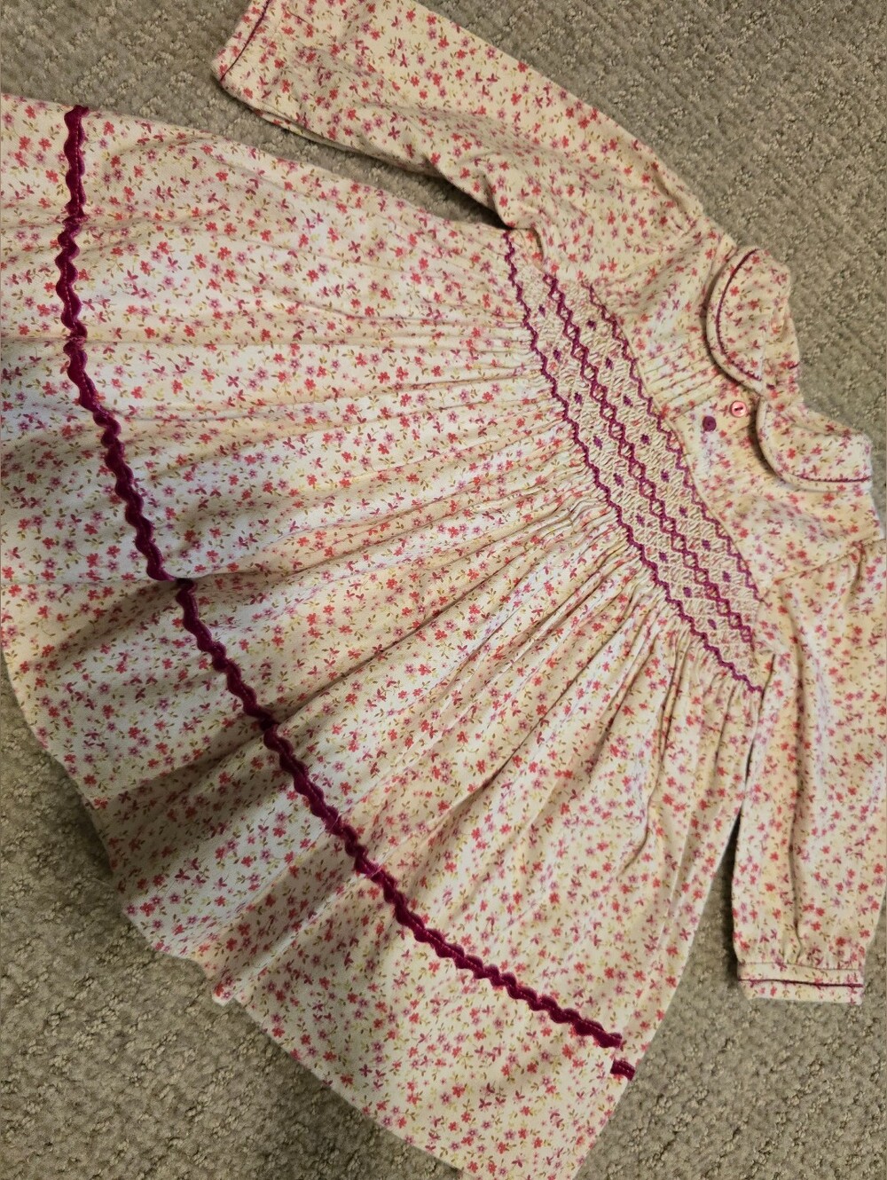 Sarah Louise Smocked Floral Long-Sleeve Baby Dress in Pink and Cream
